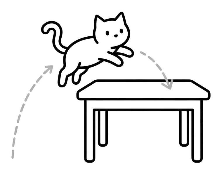 Die Katze springt auf den Tisch.