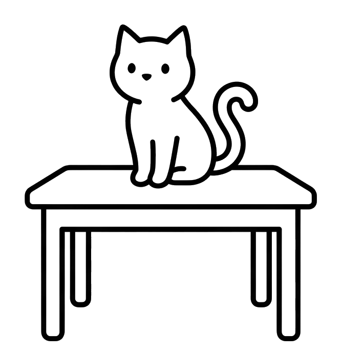 Die Katze sitzt auf dem Tisch.